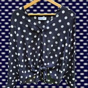 PopSugar Navy Blue and White Polka Dot Tie Front Blouse